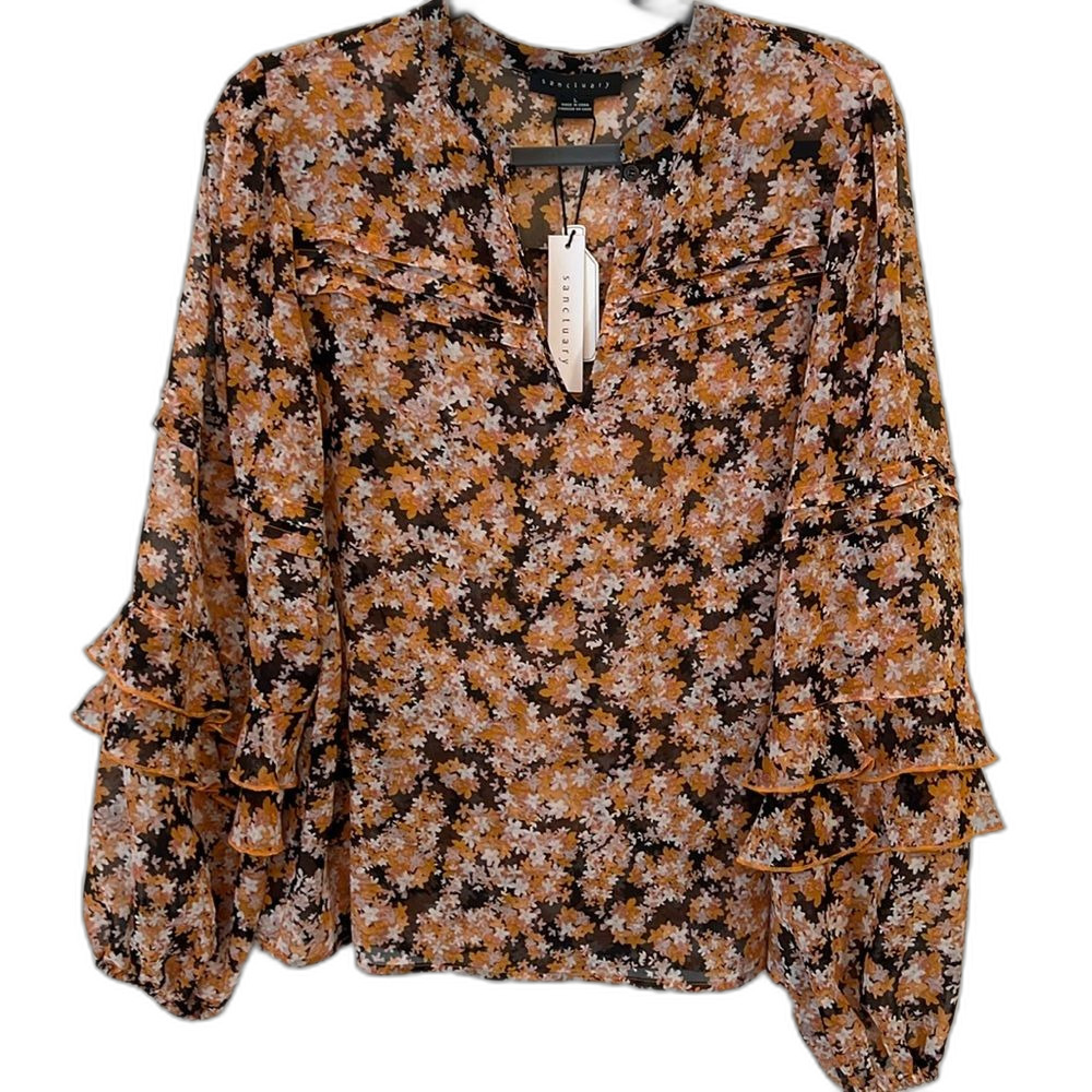 Sanctuary Women’s Long Sleeved Orange/Black Blouse Size L V-Neck New with Tags